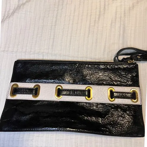 Carlisle Black & White Patent Leather Clutch w/Gold Hardware and Buckle Detail Black