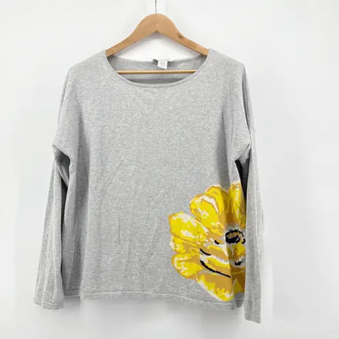 Joan Vass Neiman March XL Floral Print Long Sleeve Cotton Knit Top Sweater Light