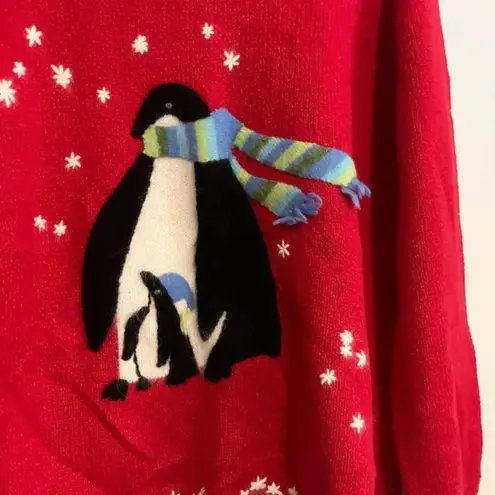 Ugly Christmas Sweater Vintage David Brooks Red Holiday Snowflake Penguin