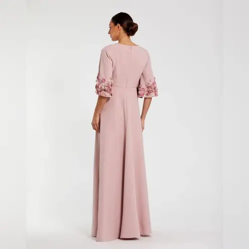 Mac Duggal 11854 Pink Crepe 3/4 Sleeve A-line Gown With Flower Trim