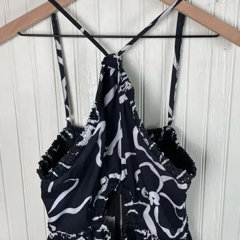 RUNAWAY THE LABEL Maxi Dress Size Large US 8 Black White Floral Key Hole Cutout