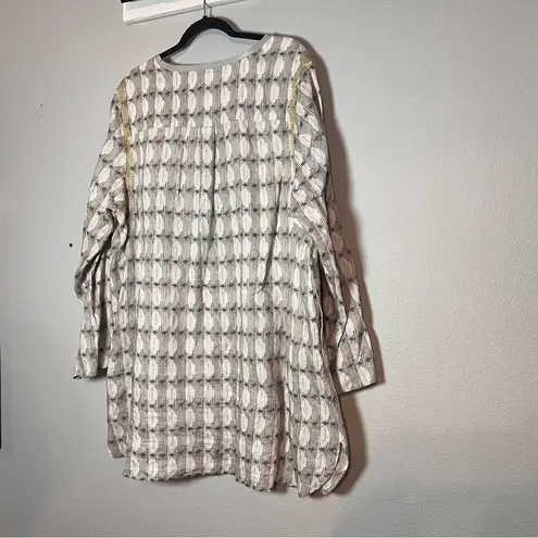 Sigrid Olsen Tunic Blouse Mini Dress Linen Size 1X Gray Tan Yellow Pattern