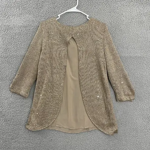 Simply Noelle Women S/M Tan Sequined Casual 3/4 Sleeve Top NWT
