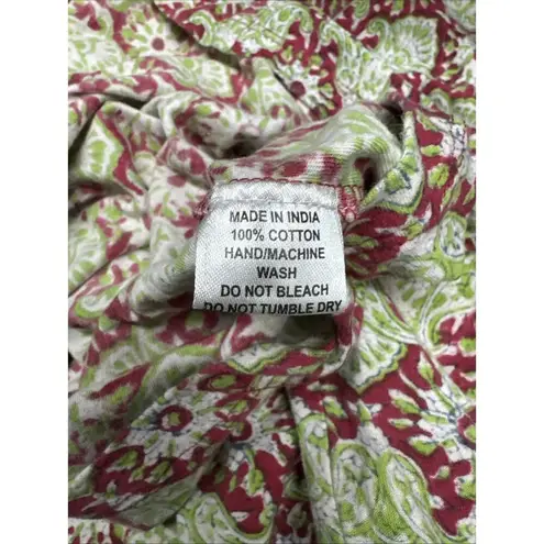 Nila Rubia Pink Green Paisley Hand Block Print Faux Wrap Long Sleeve Dress Large