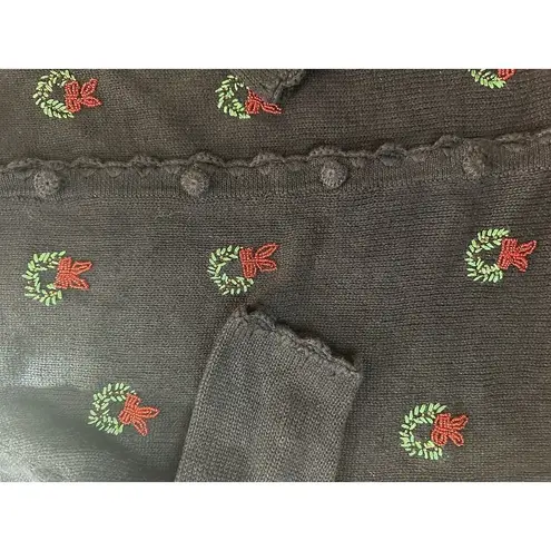 Victoria Jones Cardigan Sweater Black Green Christmas Wreath Embroidered Sz M