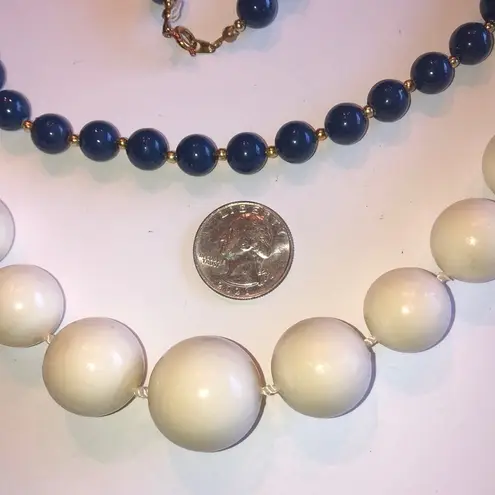 Lot of 2 Vintage Navy Blue & Off White Beaded Boho Necklaces