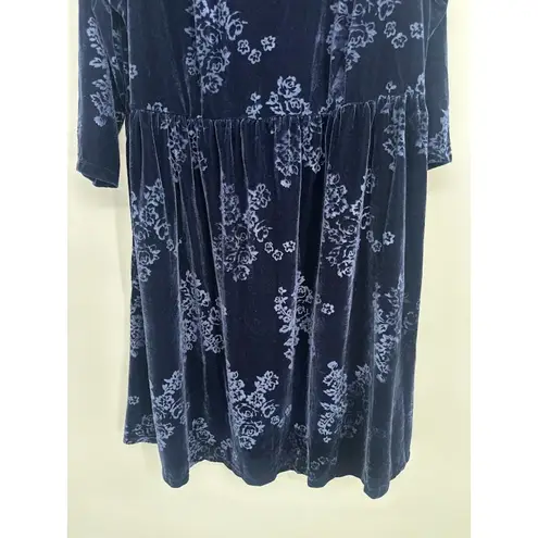 Woman Within Size 18W Blue Floral Velvet Velour Dress 3/4 Sleeve Stretch Pocket