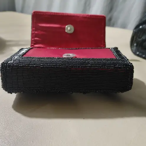 Vintage Black Beaded Evening Clutch Vintage Red Satin Lining Magnetic Closure