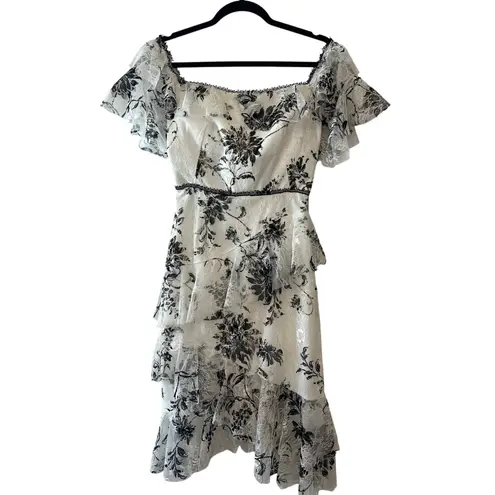 Marchesa Notte Off Shoulder Floral Lace Tiered Dress Size 4 Black