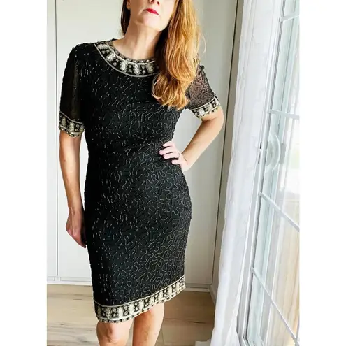 Vintage 80s Silk Beaded Sheath Dress, Formal, Black Tie Cocktail Kazar Blk/Gld Size 6