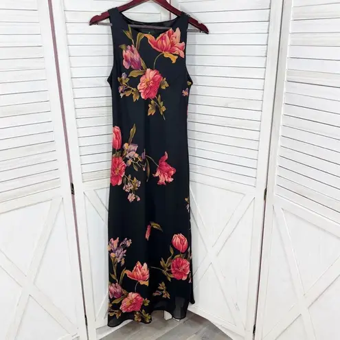 Vintage 90s Positive Attitude Floral Maxi Slip Dress Black Medium Glam Grunge Size 12