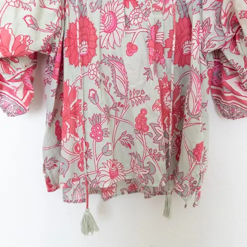 Jennifer Grace Womens Blouse Size S Pink Green Floral Boho Cottage Hippie Retro Pink