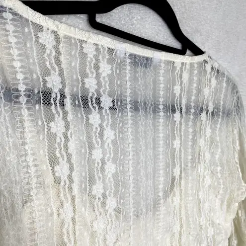 Stradivarius Floral Long Sleeve Sheer Sweetheart Lace Crop Top White Large Fairy