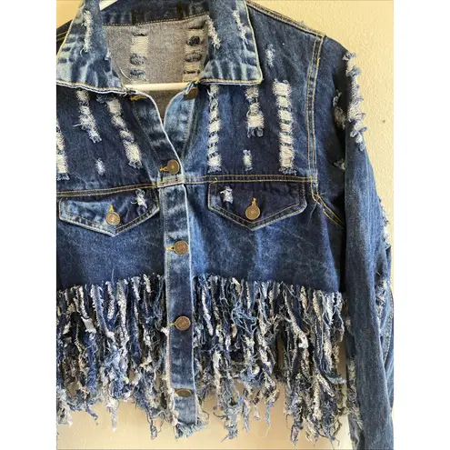Thrill Jeans Distressed Trashed Destroyed Fringe Denim Jean Jacket No Tags READ Blue - Image 4