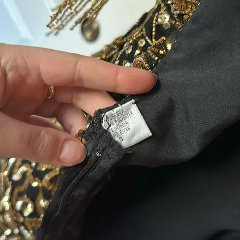 VTG CERVELLE SILK BLACK & GOLD SEQUIN BEADED FRINGE DRESS PARTY Holiday nye