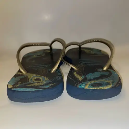 Havaianas Peacock Feather Flip Flop Size US 9/10 39/40 Navy Blue Silver EUC