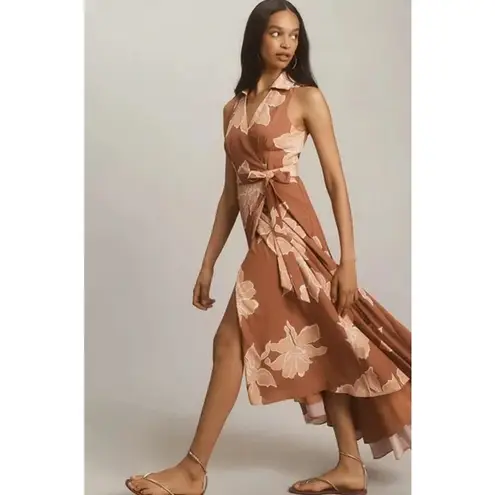 Hutch V Neck Sleeveless Full Wrap Dress Taupe Florals Size Medium Petite