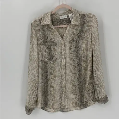 Linda Leal Womens Small Beige Snakeskin Print 3/4 Tab Sleeve Corpcore Top Tan