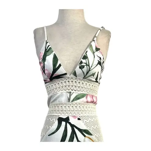 PatBO JAsmin Fitted Midi Dress in White 0 New Womens Floral Resort Green