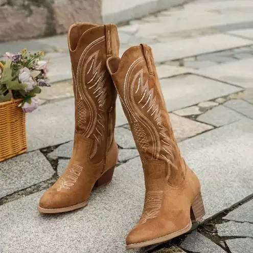 Embroidered Cowboy Boots Pointed Toe Mid Heel Western Boots With Zipper Size 10 Brown