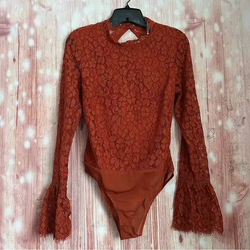 Endless Rose Rust Brown Lace Open Back Flare Sleeve Bodysuit Size XS