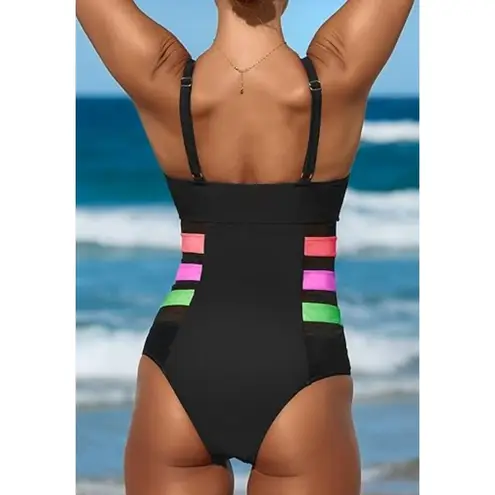 Women's One Piece Bathing Suit V Wire Color Block Mesh Waist Swimsuit Size XL Black