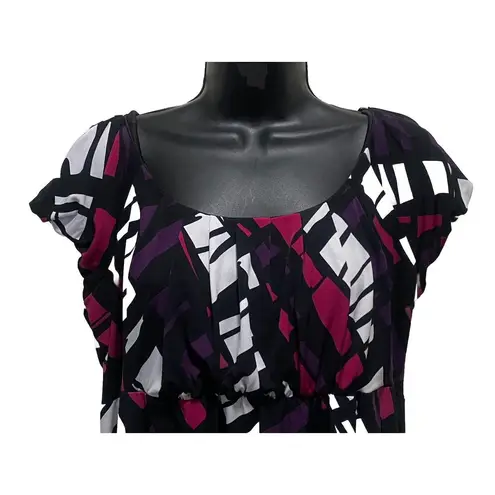 Blue Sage Abstract Print Cap Elastic Sleeve Empire Pleated Scoop Blouse Size L Red Size L