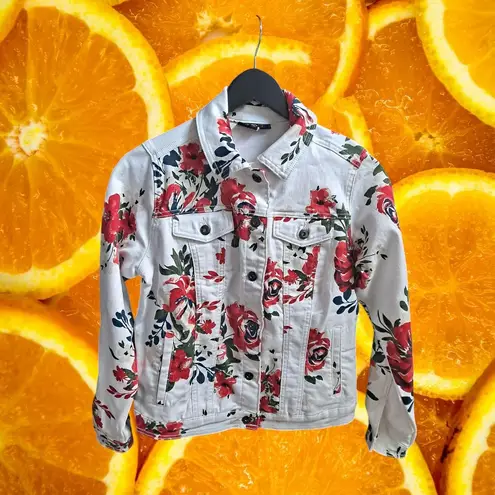 Dear John DL2 by Dear John Floral Print Denim Jacket White Red XS Jean Coat