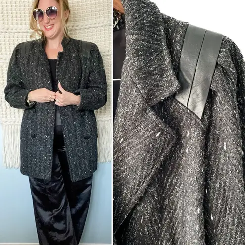 Vintage 80s marled wool double breasted pea coat leather shoulders size medium M Black