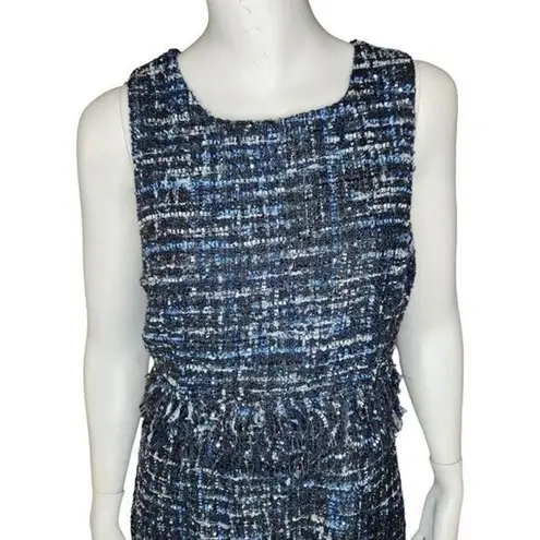 Julie Brown NYC Sleeveless Dress Lori Blue Oxford Tweed Fringe Metallic Size 8