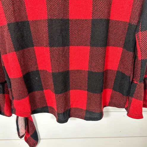 White Birch  Red Black Buffalo Plaid Bell Sleeve V-neck Blouse Top, NEW, Small