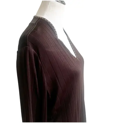 Ming Wang Knit Top Womens Large Brown Acrylic 3/4 Sleeve Studded Tunic