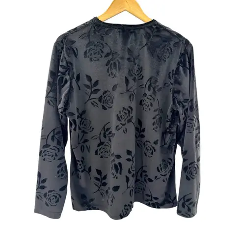 Y2K Gothic Black Velvet Burnout Rose Floral Top Blouse Long Sleeve XL