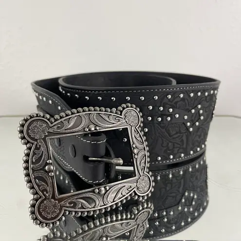 Western Edgy Cowgirl Black Leather Studded Embossed Thick Band Plus Size Belt