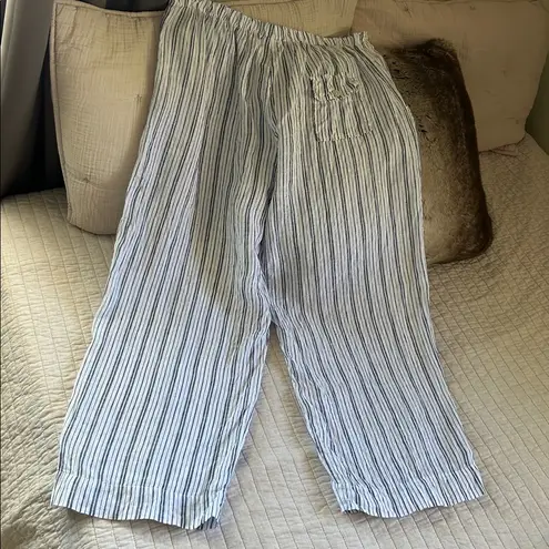 Bryn Walker 100% Linen white blue stripe Lagenlook Boho Wide Leg Pants L