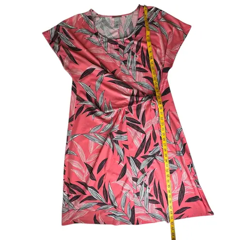 Catherines Tropical Leaf Print Dress Size 0X 14/16W Pink Knit Tie Waist Resort
