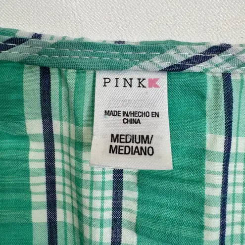 PINKK Women's Green Plaid Embroidered Nightgown Dress Medium Short Sleeve