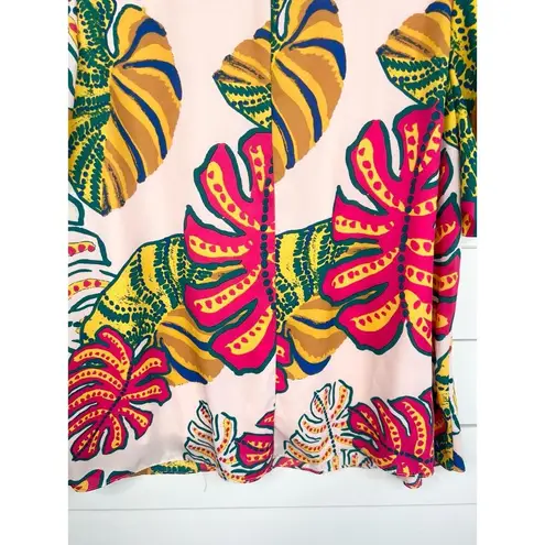 Adrienne Tropical Palm Print V-Neck Half Puff Sleeves Blouse Top Size Medium