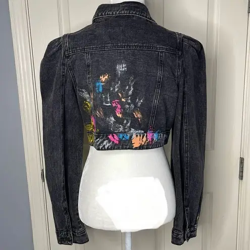 SheIn  Splatter Paint Puff Sleeve Cropped Denim Jacket (Washed Black) - 6