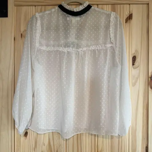 Takara White Sheer Dotted Swiss Prairie Blouse with Black Bow size Large