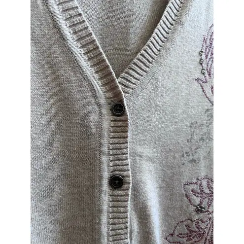 Sonoma Life + Style Embroidered Gem Embellished Short Sleeve Cardigan Large Brown