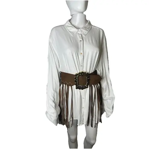 Born to Roam Fringe Leather Belt Women’s Large Gold Buckle Brown Western Fashion