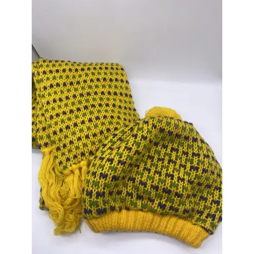 Vintage Winter Scarf Matching Hat Set Mens Womens Yellow Green Blue 1970s Retro