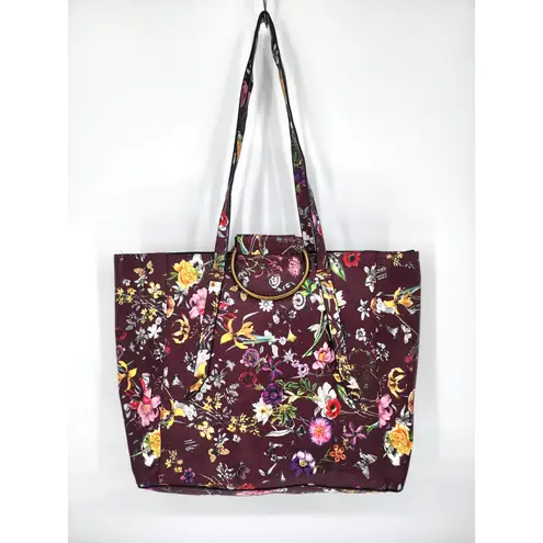 Burgundy Floral Vinyl Tote Bag Gold Ring Detail Large Work Purse 18x12x6 Red