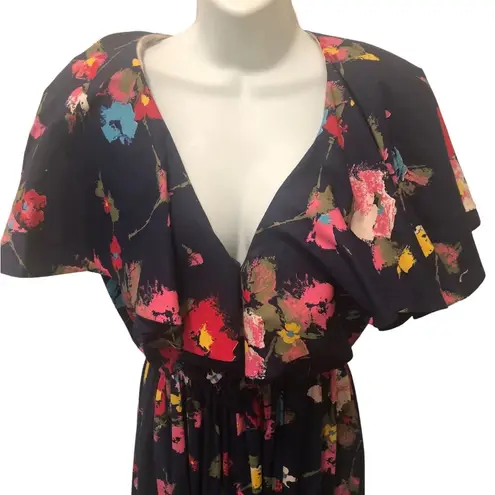 VTG 80’s Deep V Navy Floral Maxi Dress 12/14 Flowy Sleeve Collar Elastic Waist Multiple