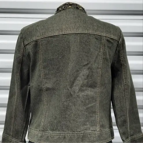 Ruby Rd Petite Womens Beaded Denim Jacket 10P Green Zip Embellished Boho Western