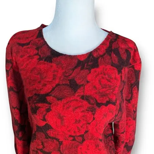 Vintage 90s Sweater Cherry Red Black Dark Floral Knit Pullover Wool Angora Size L