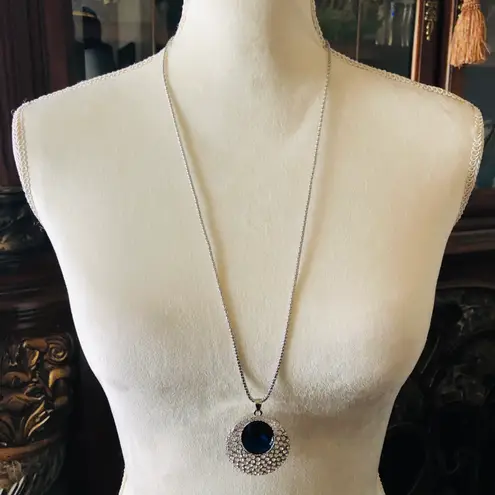 Faceted round royal blue glass stone rhinestone medallion amulet long necklace