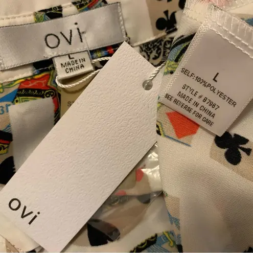 OVI NWT playing cards letter print button up long sleeve blouse size L