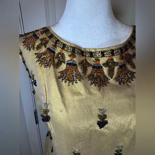 Handmade Vintage Beaded Gold Metallic Brocade Cocktail Dress XS/S Holiday Glam Quiet